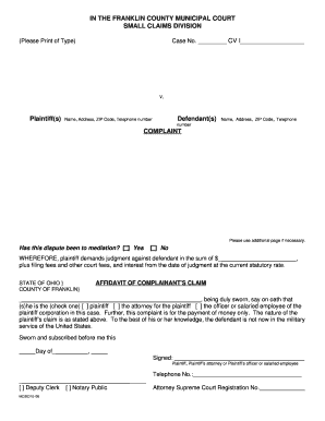Ohio Small Claims Complaint Form