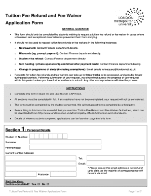 Tuition Fee Refund and Fee Waiver Application Form
