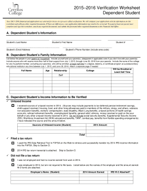 2015–2016 Verification Worksheet Dependent Student