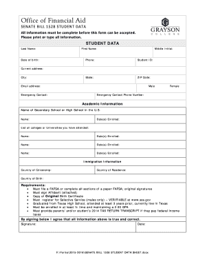 Senate Bill 1528 Student Data Sheet