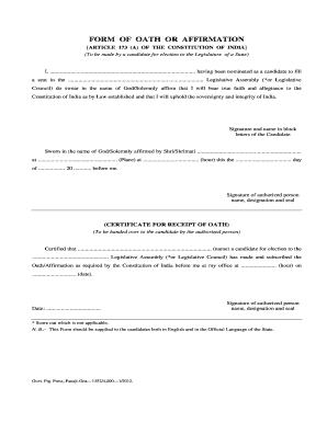 Oath or Affirmation Form for Indian State Legislature Candidates