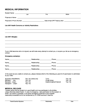 Student Medical Information and Release Form