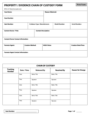 Property Evidence Chain of Custody Form