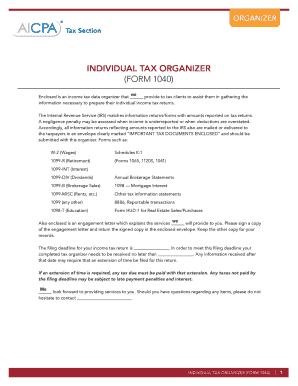 ORGANIZER INDIVIDUAL TAX ORGANIZER (FORM 1040) we Enclosed is an income tax data organizer that provide to tax clients to assist them in gathering the information necessary to prepare their individual income tax returns