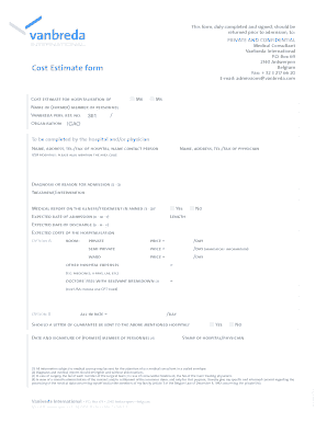 Cost Estimate Form for Hospitalisation