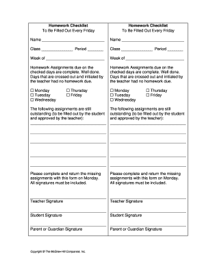 Homework Checklist Form
