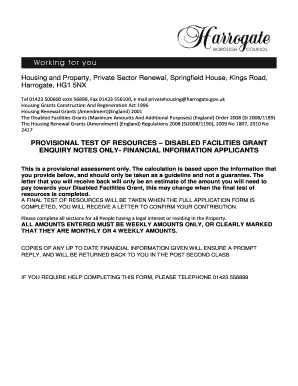 Disabled Facilities Grant Provisional Test of Resources