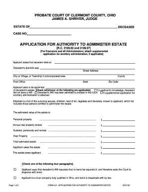 Ohio Application for Authority to Administer Estate