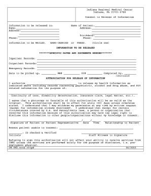 Indiana Regional Medical Center Consent to Release Information