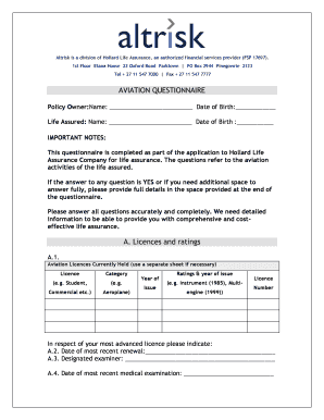 Aviation Questionnaire for Life Assurance