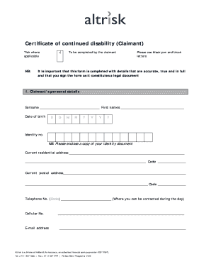 Certificate of Continued Disability Claimant Form