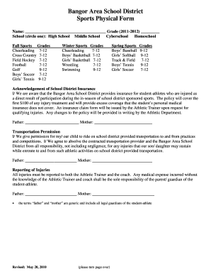 Bangor Area School District Sports Physical Form