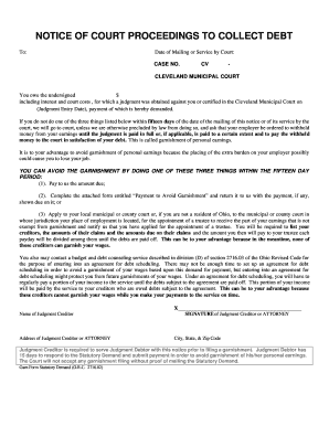 Notice of Court Proceedings to Collect Debt
