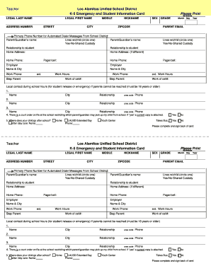 K-5 Emergency and Student Information Card