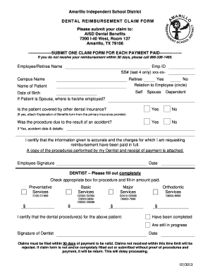 Amarillo ISD Dental Reimbursement Claim Form