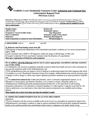 NARBHA Level I Residential Treatment Center Admission and Continued Stay Authorization Request Form