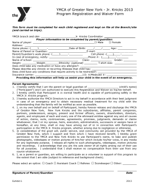 YMCA Jr. Knicks Program Registration and Waiver Form