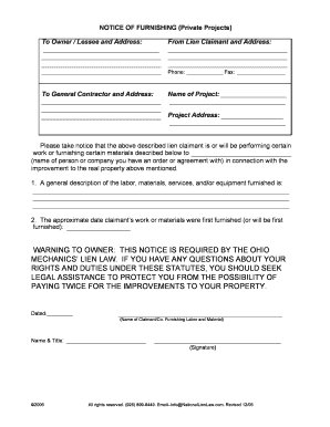 Ohio Notice of Furnishing for Private Projects