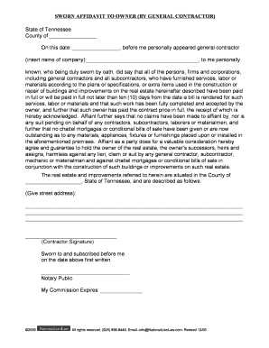 Sworn Affidavit to Owner by General Contractor