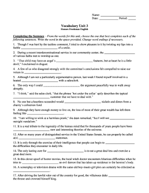 Vocabulary Unit 3 Worksheet