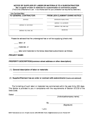 Notice by Supplier of Labor or Materials to Subcontractor