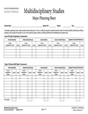 Multidisciplinary Studies Major Planning Sheet