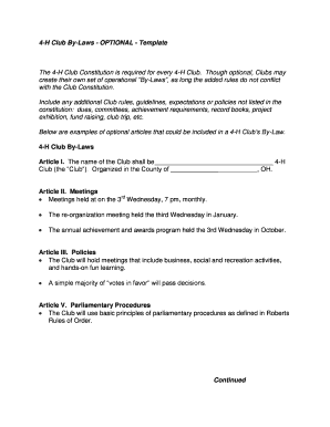 Booster club bylaws - 4-H Club By-Laws - OPTIONAL - Template - adams osu