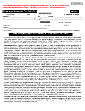 Disney Sports Waiver and Permission Form