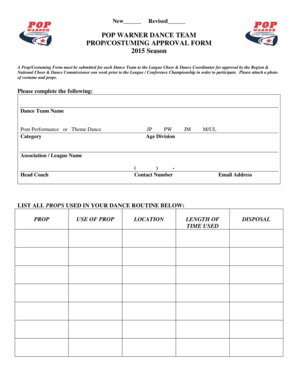 Pop Warner Dance Team Prop/Costuming Approval Form