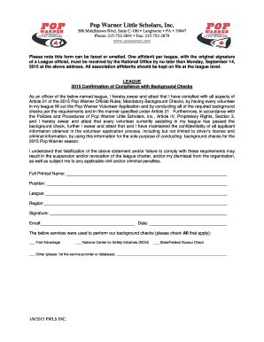 2015 Pop Warner Background Check Compliance Affidavit