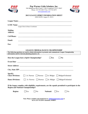 Pop Warner League Spirit Championship Information Sheet