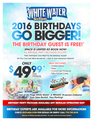 2016 Six Flags White Water Birthday Party Order Form