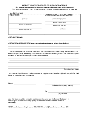 Notice to Owner of Subcontractors