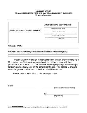 Job Site Notice for Mechanic's Lien