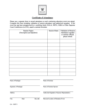 Certificate of Attendance for Paralegal Continuing Education
