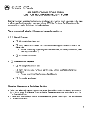 Girl Guides of Canada Lost Receipt Form