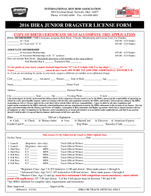 2016 IHRA Junior Dragster License Form