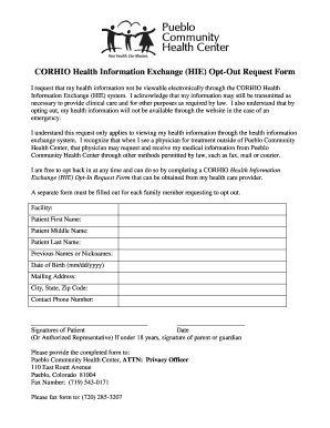 CORHIO Health Information Exchange Opt-Out Request Form