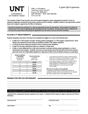 UNT Undergraduate Application Fee Waiver Form