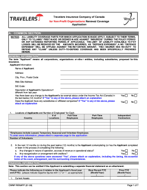 Travelers Insurance Non-Profit Renewal Application