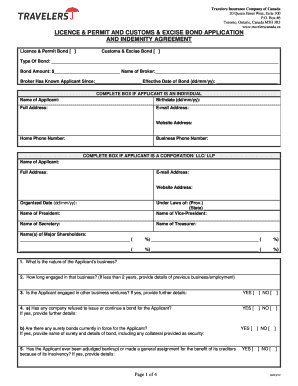 Licence & Permit and Customs & Excise Bond Application and Indemnity Agreement