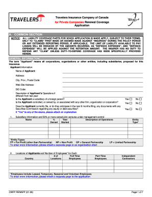 Travelers Insurance Canada Private Company Renewal Application