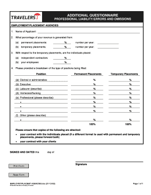 Professional Liability Questionnaire for Employment Agencies