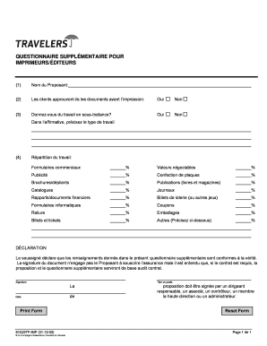 QUESTIONNAIRE SUPPLÉMENTAIRE POUR IMPRIMEURS/ÉDITEURS