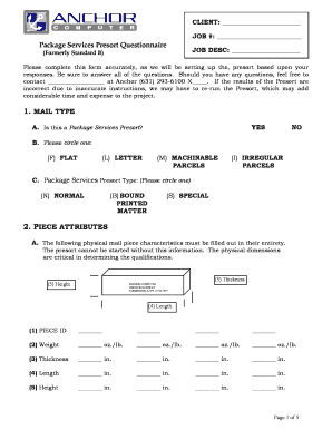 Package Services Presort Questionnaire