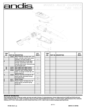 Andis Trimmer Repair Parts Order Form