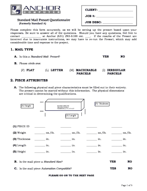 Standard Mail Presort Questionnaire