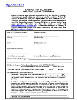 National Do Not Call Registry Processing Acknowledgement Form