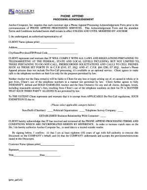 Phone Append Processing Acknowledgement Form