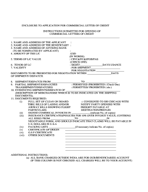 Commercial Letter of Credit Application Enclosure